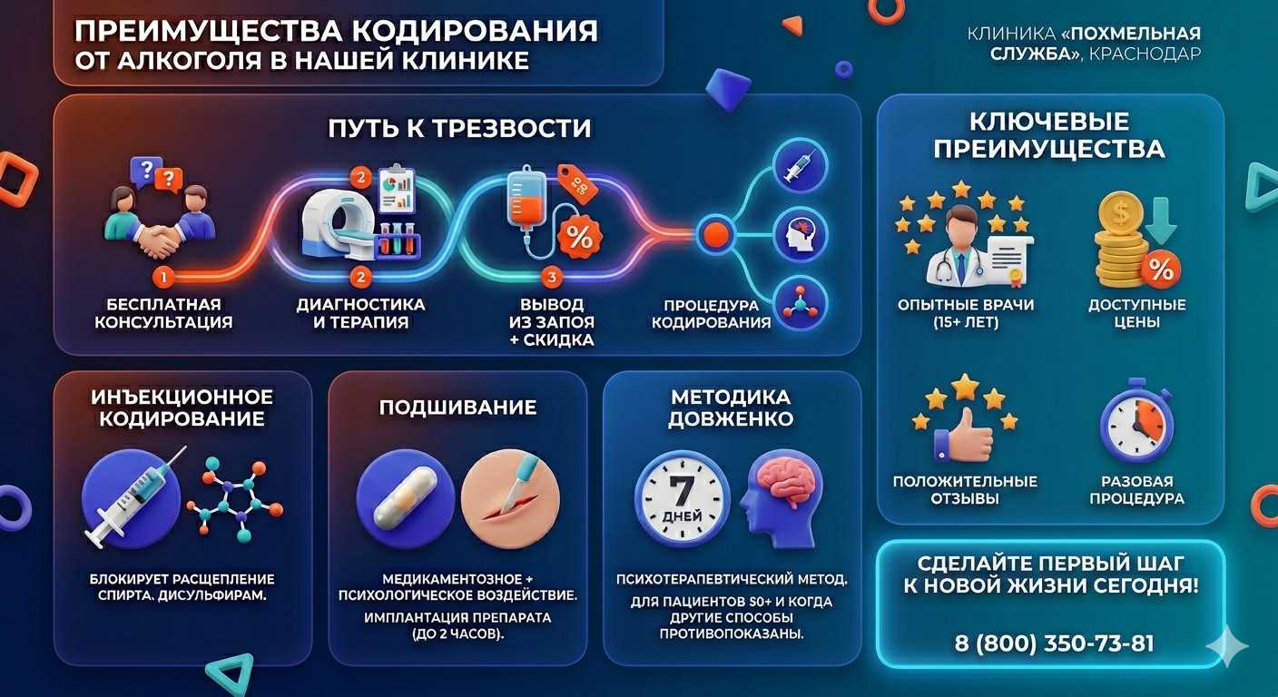 Инфографика о методах кодирования от алкоголя в Междуреченске: инъекции, подшивание, метод Довженко. Преимущества клиники и этапы лечения.